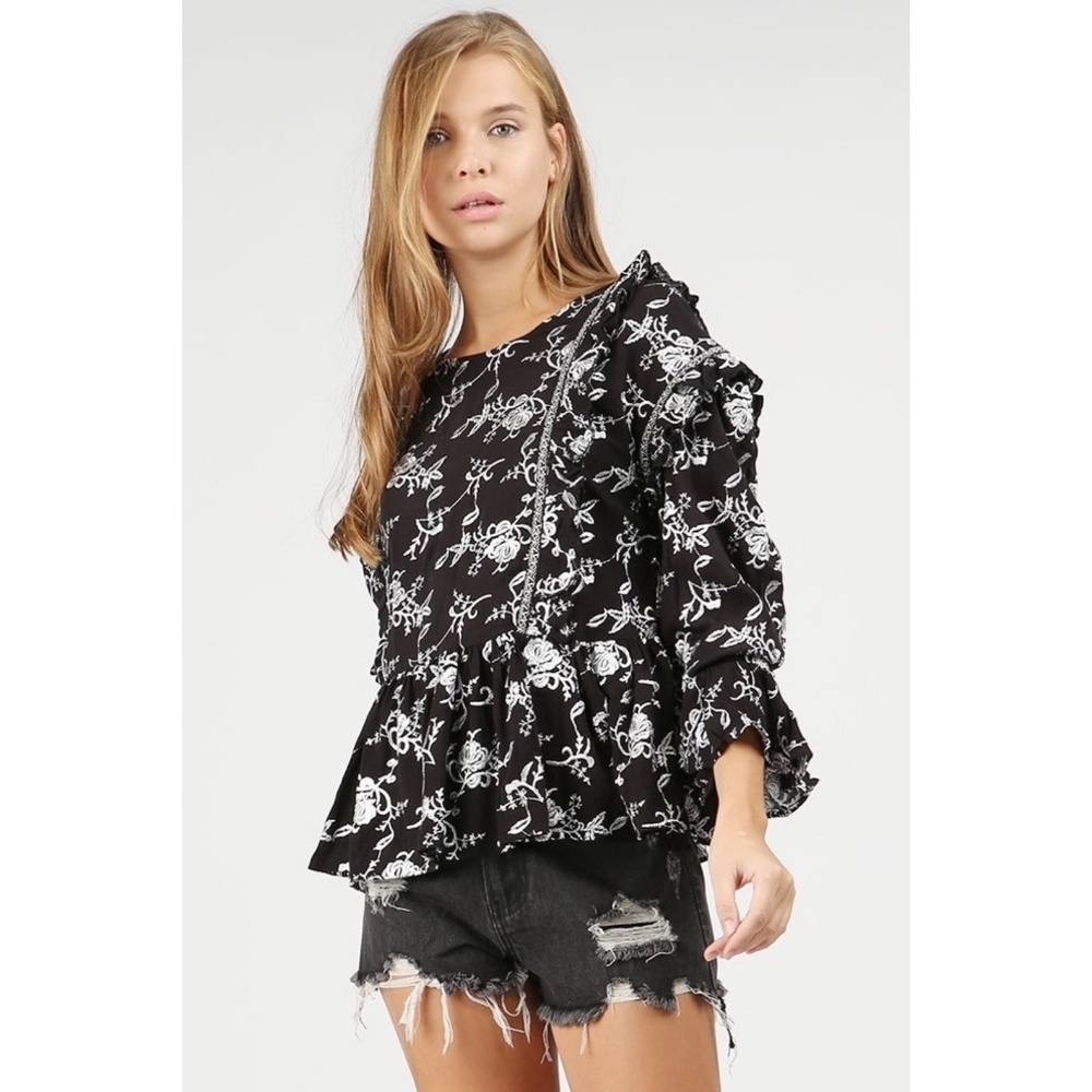POL Black Embroidered Long Sleeve Ruffle Top